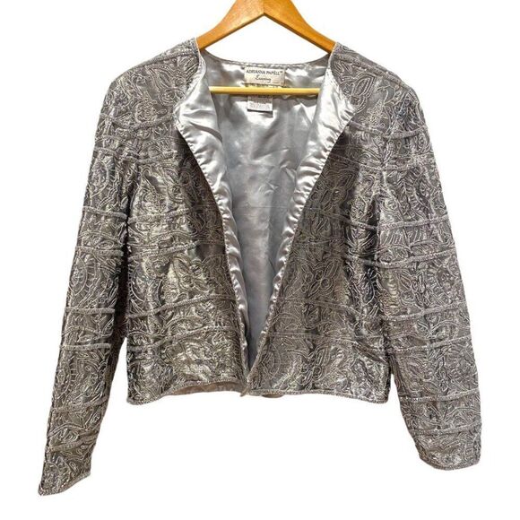 Adrianna Papell Jackets & Blazers - Adrianna Papell Metallic Silver Beaded Evening Long Sleeve Jacket Womens L